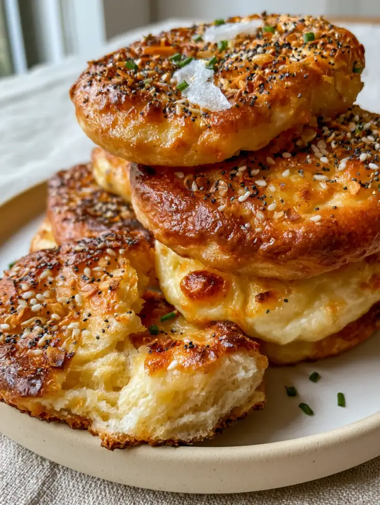 Cottage Cheese Flagels: The Ultimate High-Protein Everything Bagel 1 A Cottage Cheese Flagel torn in half to reveal a moist, soft bready interior crumb. (Cottage Cheese Flagels)