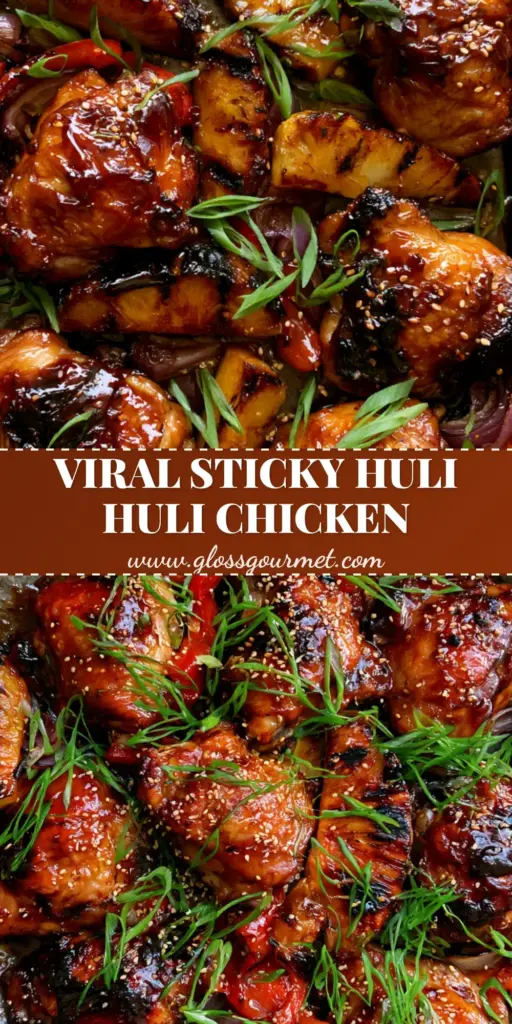 Baked Huli Huli Chicken with Mahogany Pineapple Glaze 3 Overhead shot of a rustic dark metal sheet pan filled with mahogany glazed baked huli huli chicken, caramelized pineapple wedges, and blistered red peppers.