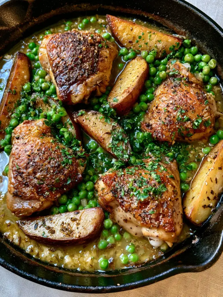 Golden roasted potato wedges nestled in a garlic-white wine reduction with bright green peas. (chicken vesuvio)
