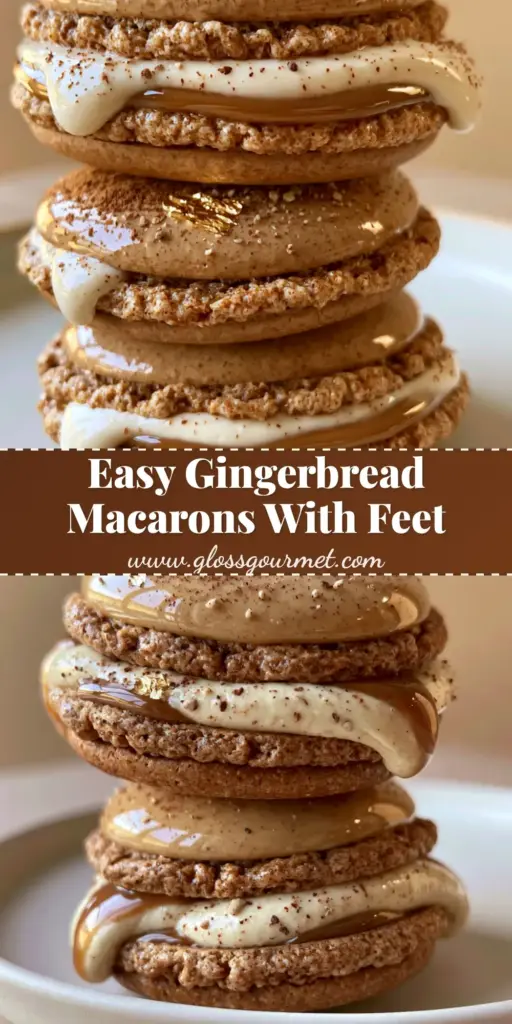 A stack of three gingerbread macarons with ruffled feet and ivory buttercream on a white plate.
