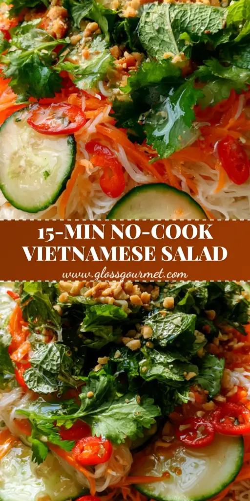 A vibrant Vermicelli noodle salad in a ceramic bowl with julienned carrots, cucumber, and mint.