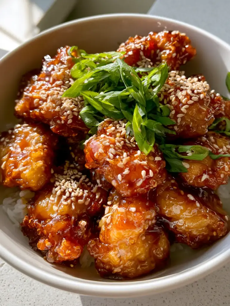 A handheld perspective of a white bowl containing crispy chicken chunks coated in sticky honey sauce with vibrant green scallions. (Crispy Chinese Honey Chicken)