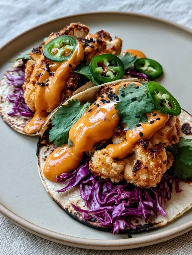 Overhead shot of Cauliflower Tacos on a ceramic plate with thin jalapeño slices and black sesame seed garnishes.