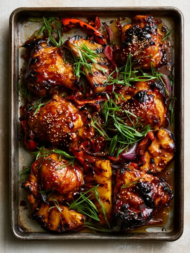 Baked Huli Huli Chicken with Mahogany Pineapple Glaze 2 A close-up of baked huli huli chicken thighs showing bubbled charred skin and a glossy syrupy glaze garnish with sesame seeds.