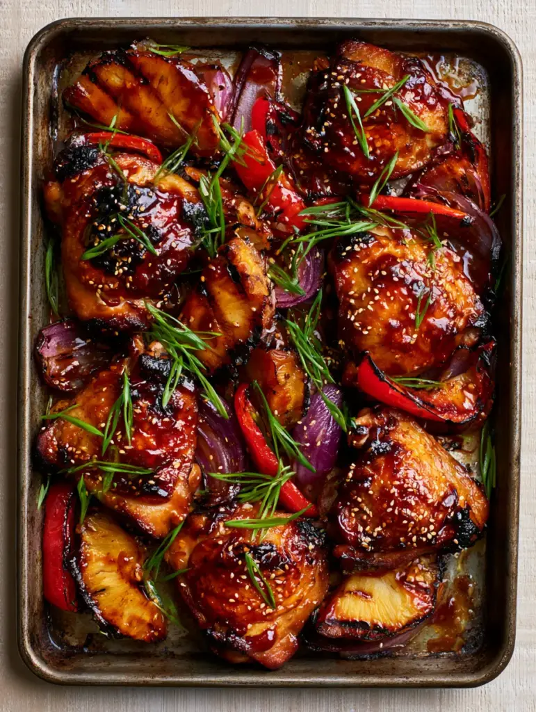 Baked Huli Huli Chicken with Mahogany Pineapple Glaze 1 Sheet pan featuring caramelized pineapple with grill marks, red onion petals, and blistered red bell peppers alongside baked huli huli chicken.