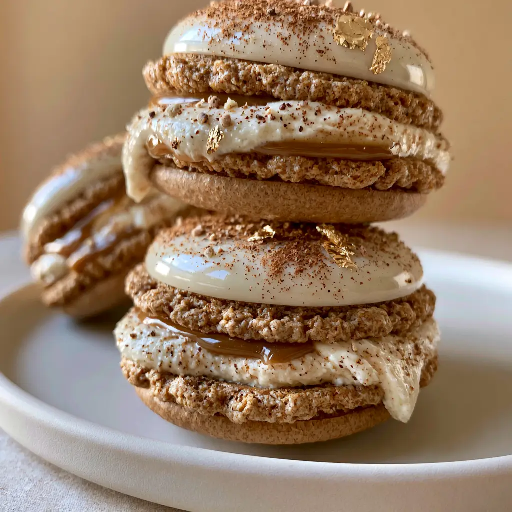 Detailed view of the ivory buttercream and spiced caramel filling oozing from gingerbread macarons.