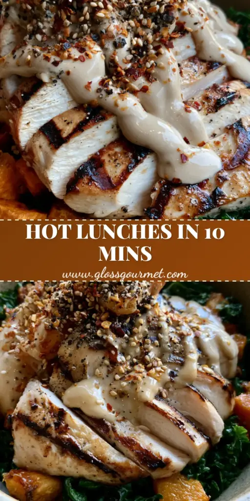A gourmet high-protein bowl with seared chicken breast, roasted sweet potatoes, and wilted kale. (Hot Lunch Recipes)