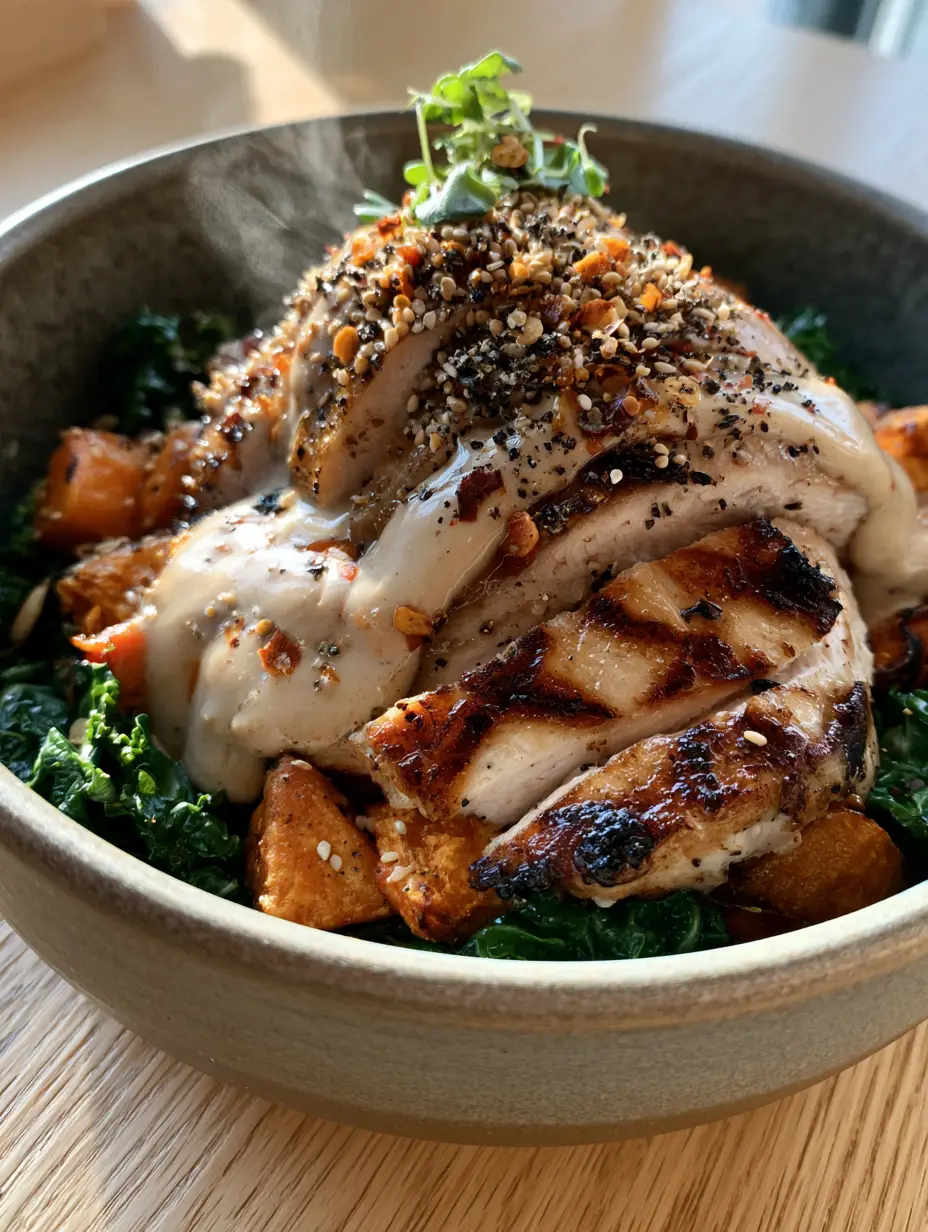 A handheld smartphone photo showing steam rising from a bowl of seared chicken and roasted vegetables. (Hot Lunch Recipes)