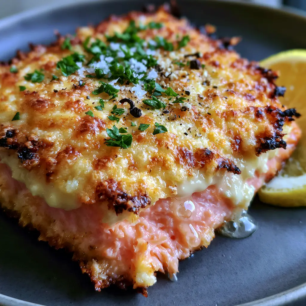 Baked Salmon with Mayo and Cheese: The Ultimate Creamy Garlic Crust 2 Macro photo of center-cut baked salmon with mayo and cheese crust, glistening juices, and charred cheese edges.