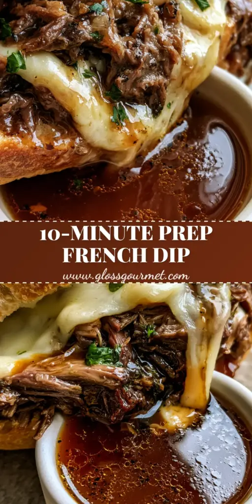 A close-up of handheld french dip sandwiches being dipped into a rich, dark brown au jus with melted provolone cheese pulls.