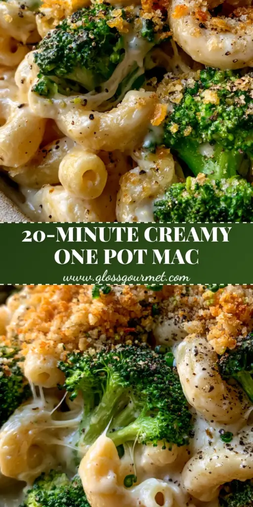 A rustic bowl of Broccoli Mac and Cheese with thick glossy white cheddar sauce, vibrant green broccoli, and toasted panko breadcrumbs.