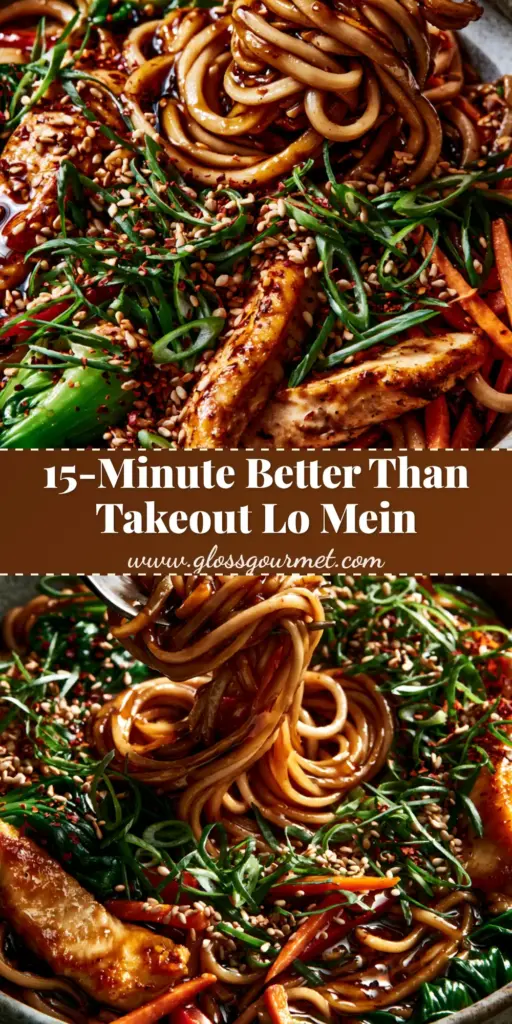 A steaming forkful of Garlic Chicken Lo Mein featuring glossy dark amber wheat noodles and seared chicken.