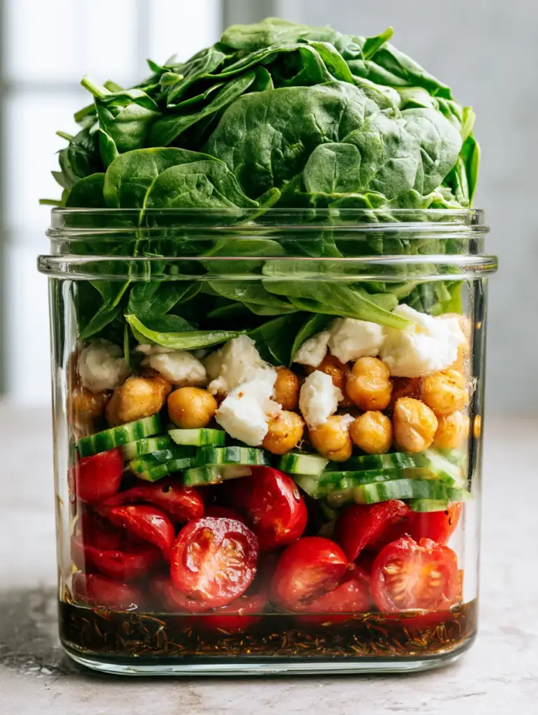 Macro shot of a mountain of airy baby spinach topped with feta and roasted chickpeas. (spinach salad)