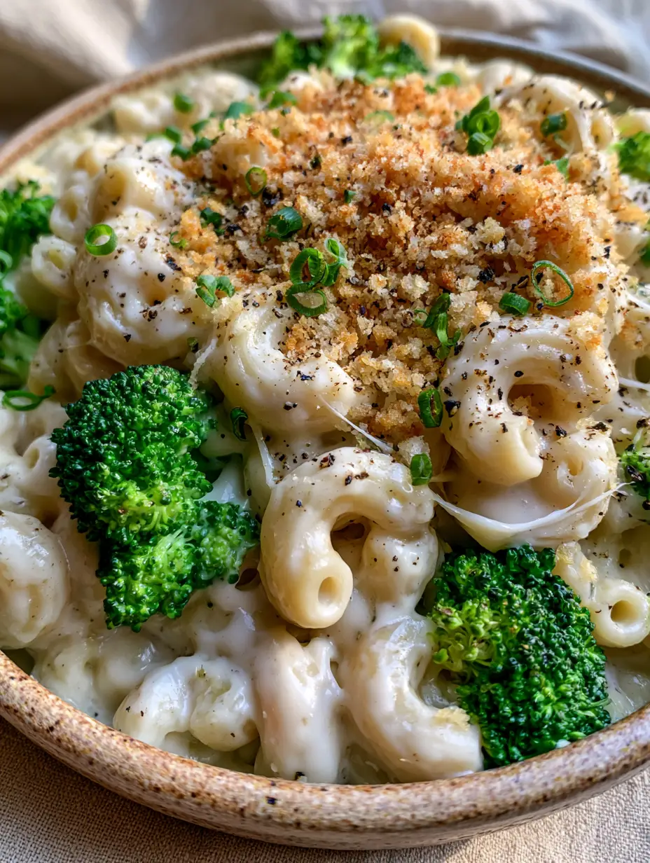 Extreme close-up of Broccoli Mac and Cheese showing melted mozzarella cheese strings and cracked black pepper.
