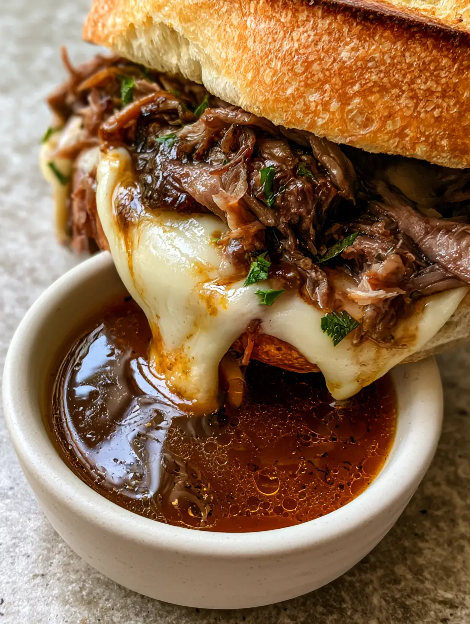 A macro shot of shredded beef chuck roast inside a toasted baguette with bubbly melted provolone cheese and parsley. (french dip sandwiches)