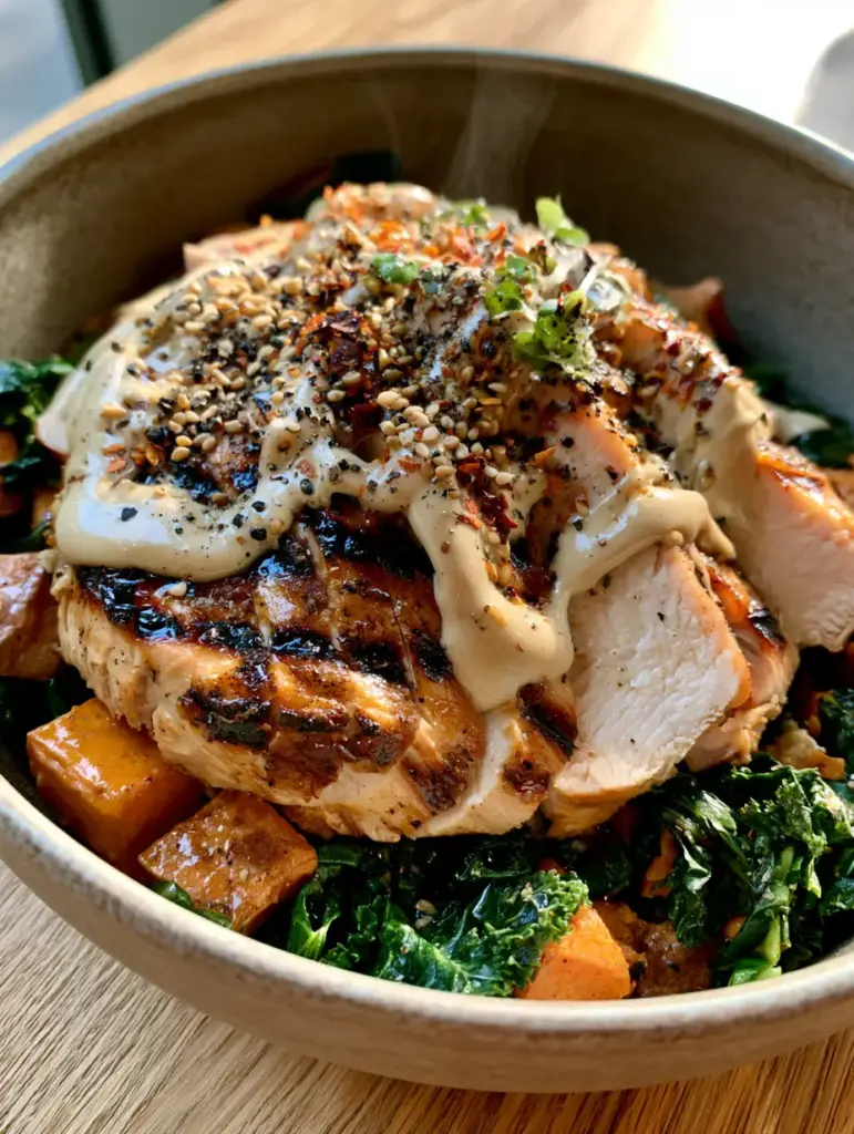 Close up of glossy lemon-tahini sauce drizzled over charred chicken breast. (Hot Lunch Recipes)