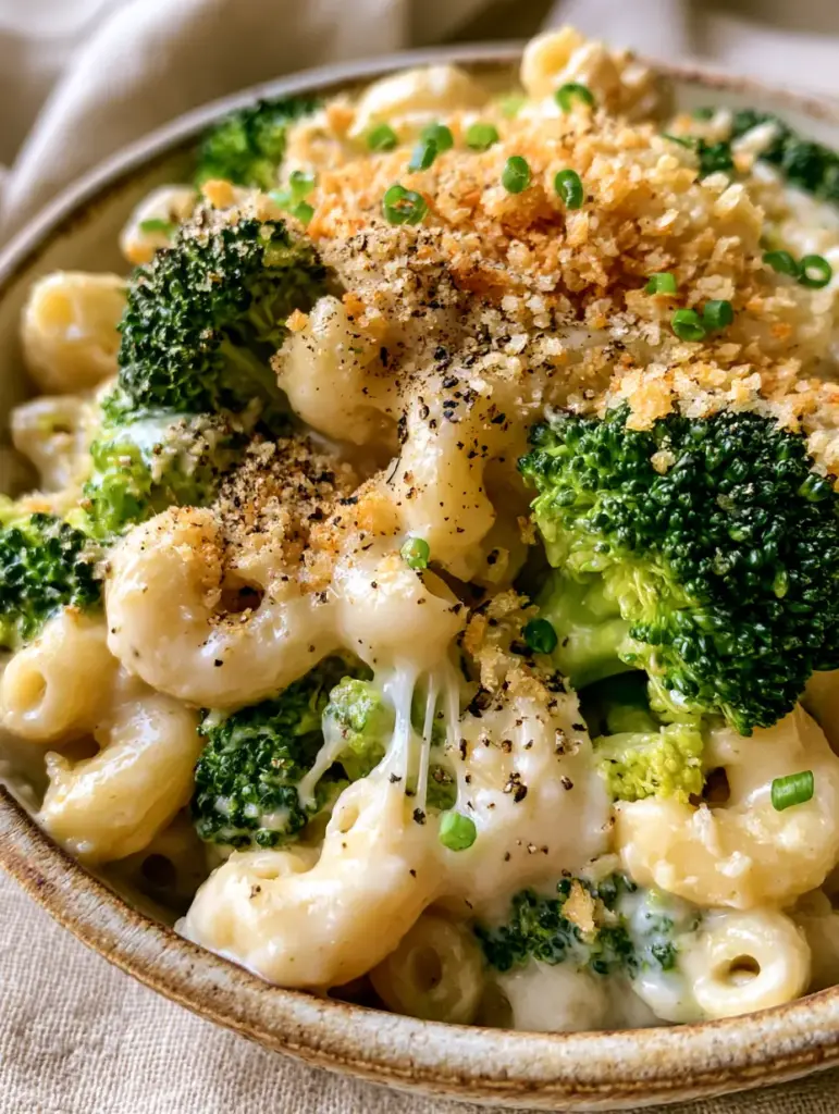 Steamed bright green broccoli nestled in thick glossy white cheddar sauce with elbow macaroni.