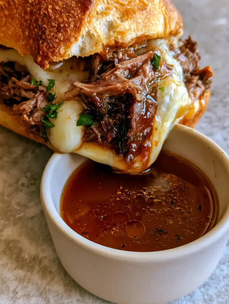 A ceramic ramekin filled with translucent dark brown au jus showing fat droplets and cracked pepper. (french dip sandwiches)