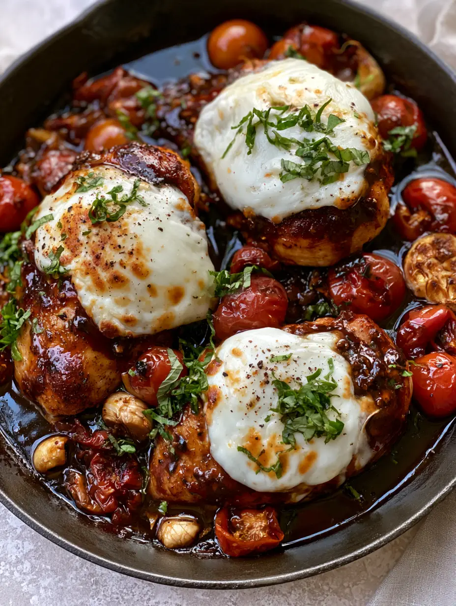 One Pan Balsamic Chicken with Melted Mozzarella and Blistered Tomatoes 3 Top-down view of One Pan Balsamic Chicken in a skillet with glossy mahogany glaze, burst cherry tomatoes, and fresh basil chiffonade. (One Pan Balsamic Chicken)