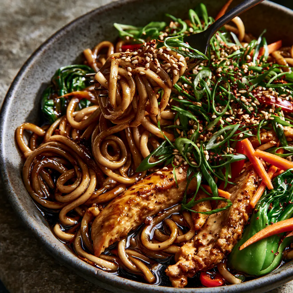 Handheld smartphone photo of Garlic Chicken Lo Mein with seared golden-brown chicken and wilted bok choy.