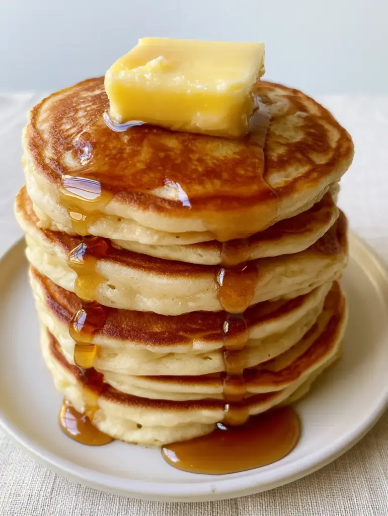 Homemade Pancakes: The Secret to Ultra-Thick Diner-Style Stacks 1 A slow stream of amber maple syrup cascading down a stack of six thick homemade pancakes.