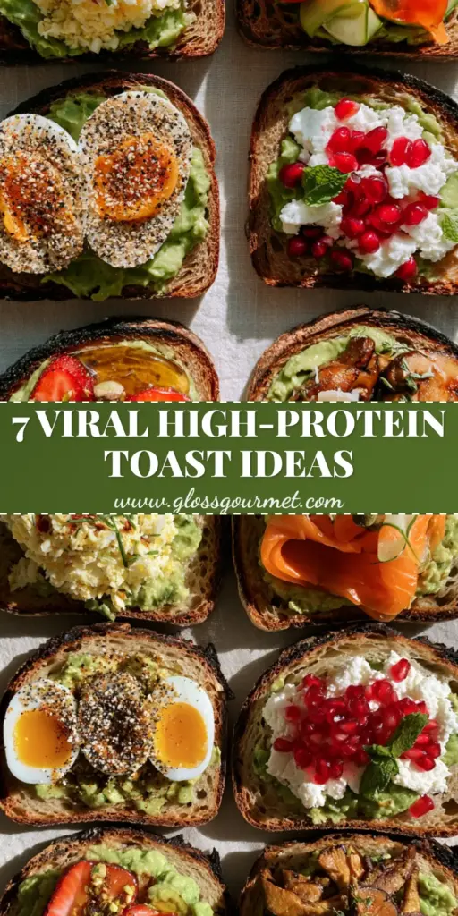A grid of 6 diverse avocado toast ideas featuring smoked salmon, jammy eggs, and pomegranate on charred sourdough.