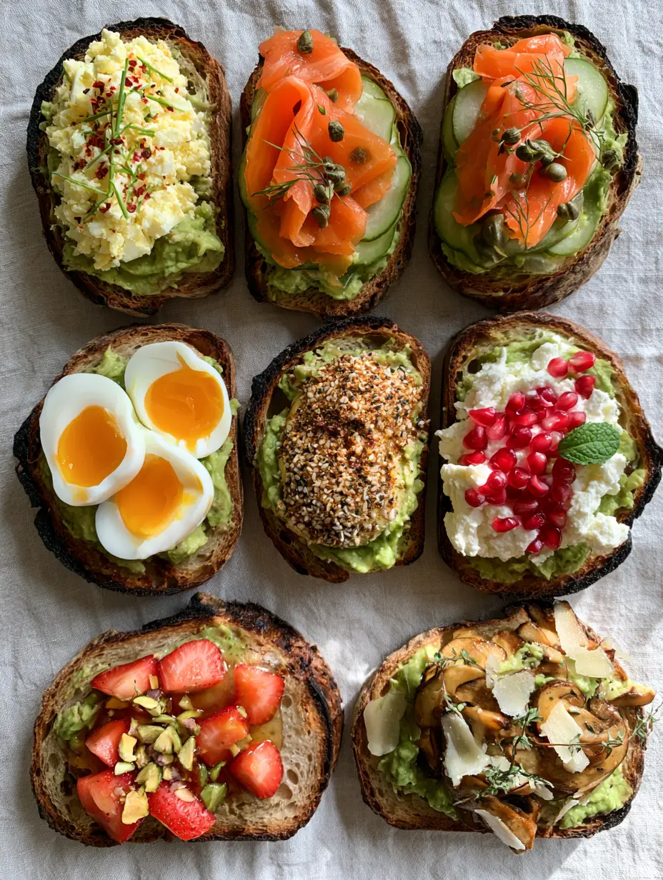 Close-up of avocado toast ideas with grated egg, chili flakes, and fresh chives on charred bread.