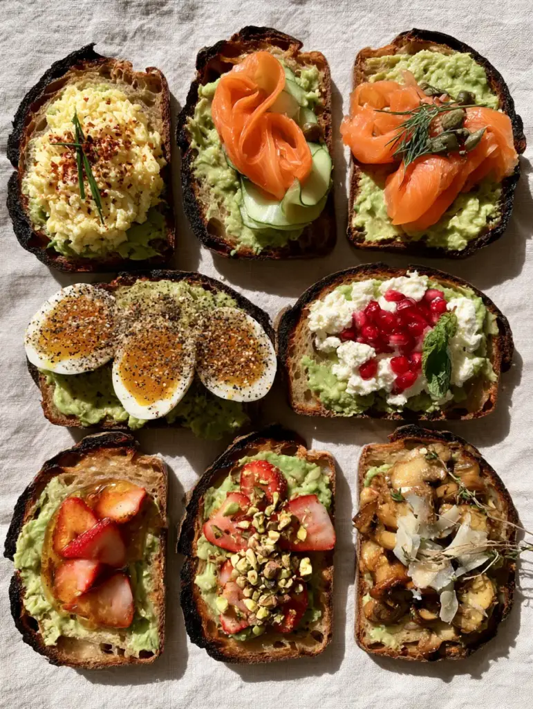 Overhead view of avocado toast ideas including strawberry honey and mushroom parmesan variations.