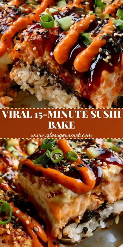 Sushi Bake Recipe with Creamy Salmon and Spicy Mayo Drizzle 4 A spatula lifting a portion of salmon sushi bake showing layers of rice, nori, and seared salmon with sauce drizzles. (sushi bake)