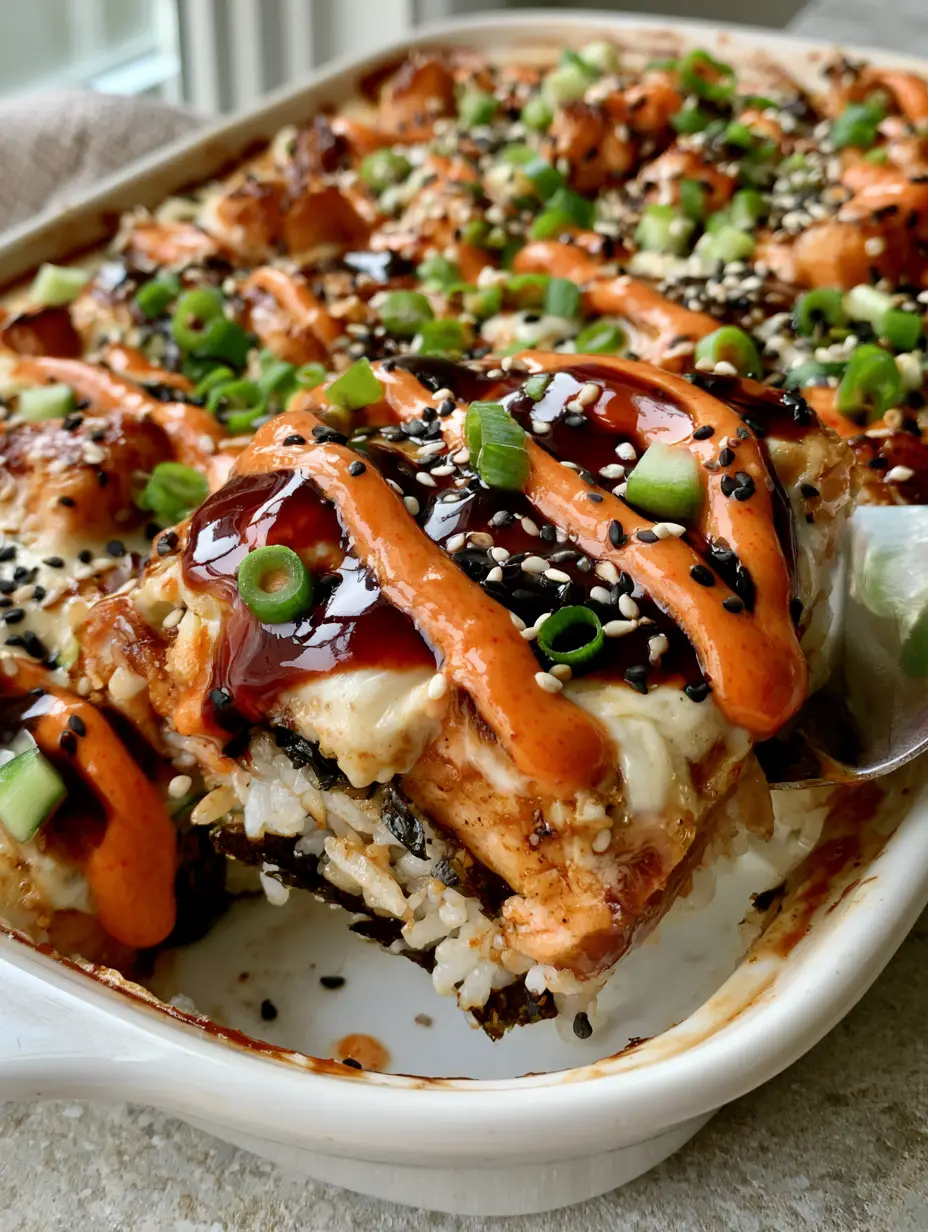 Sushi Bake Recipe with Creamy Salmon and Spicy Mayo Drizzle 3 Macro shot of a salmon sushi bake with glossy unagi sauce, sriracha mayo, and fresh scallions in a white dish. (sushi bake)
