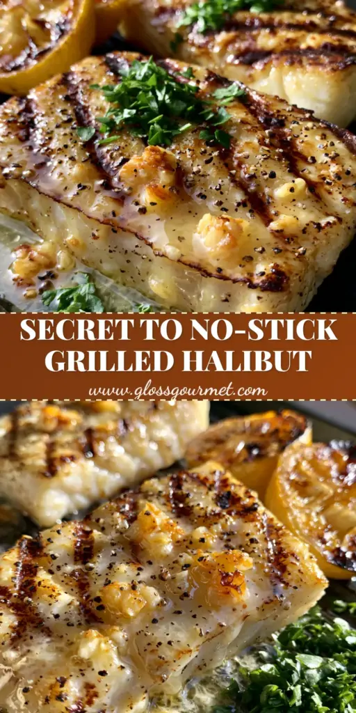 Grilled Halibut Recipe with Lemon Garlic Butter and Charred Lemons 4 Top-down view of two thick halibut fillets with dark diagonal grill marks, dripping in lemon garlic butter on a black grill. (grilled halibut recipe)