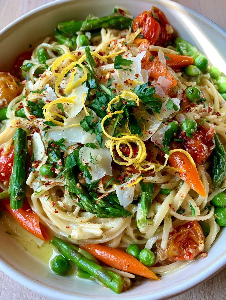 Close up of glossy linguine Pasta Primavera with bright green asparagus and orange carrots.