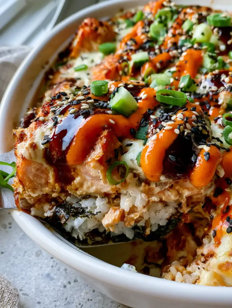 Sushi Bake Recipe with Creamy Salmon and Spicy Mayo Drizzle 1 Top-down view of a salmon sushi bake with a thick orange and dark brown sauce zigzag. (sushi bake)