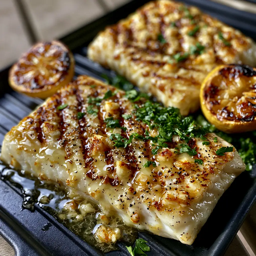 Grilled Halibut Recipe with Lemon Garlic Butter and Charred Lemons 2 Close-up of flaky halibut fillets on a grill with visible minced garlic and black pepper in the glaze. (grilled halibut recipe)