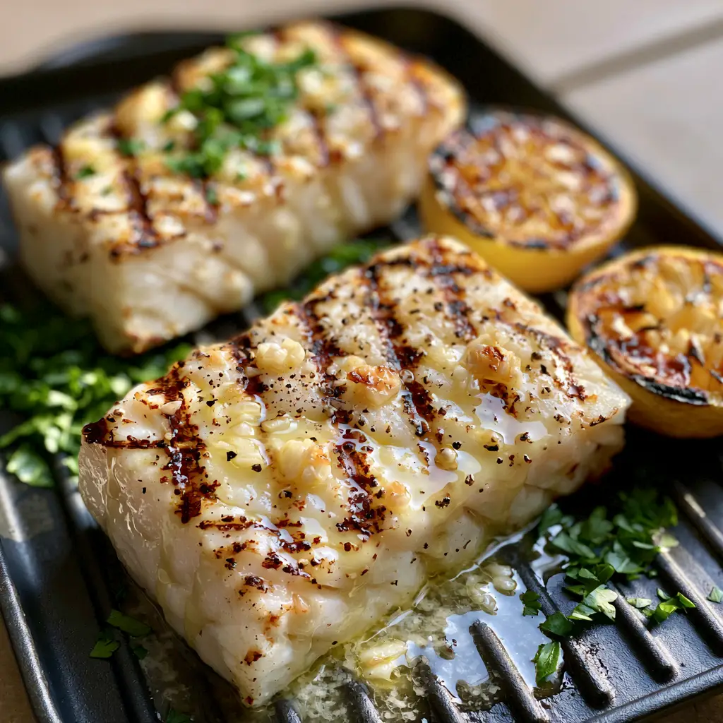 Grilled Halibut Recipe with Lemon Garlic Butter and Charred Lemons 1 Grilled halibut fillets sitting next to caramelized charred lemon halves on a black outdoor grill.