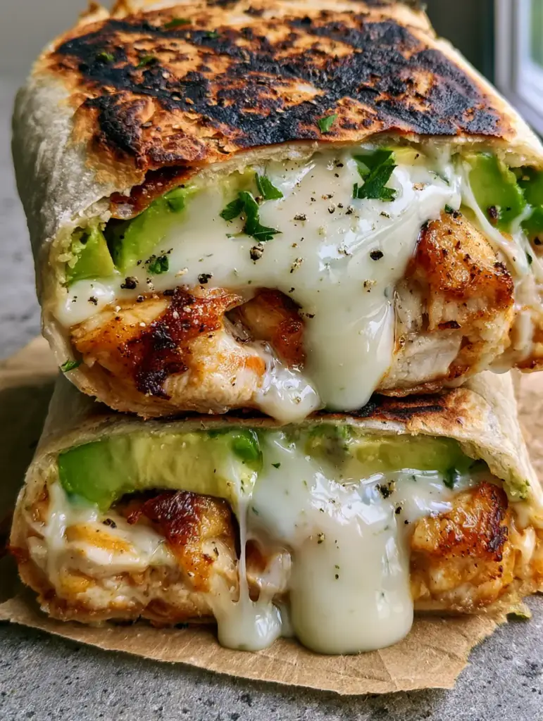 Succulent seared chicken chunks and thick avocado slices inside a crispy tortilla with white zesty ranch dressing.