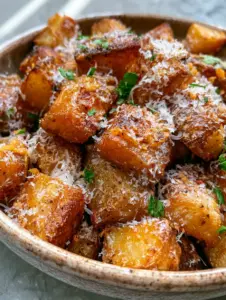 Extreme macro shot of crispy Parmesan potatoes with visible shatter-crisp edges and fluffy cheese coating.
