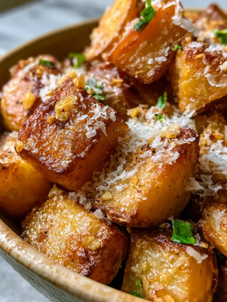 Overhead view of crispy Parmesan potatoes in a ceramic bowl with parsley flakes and toasted garlic bits.