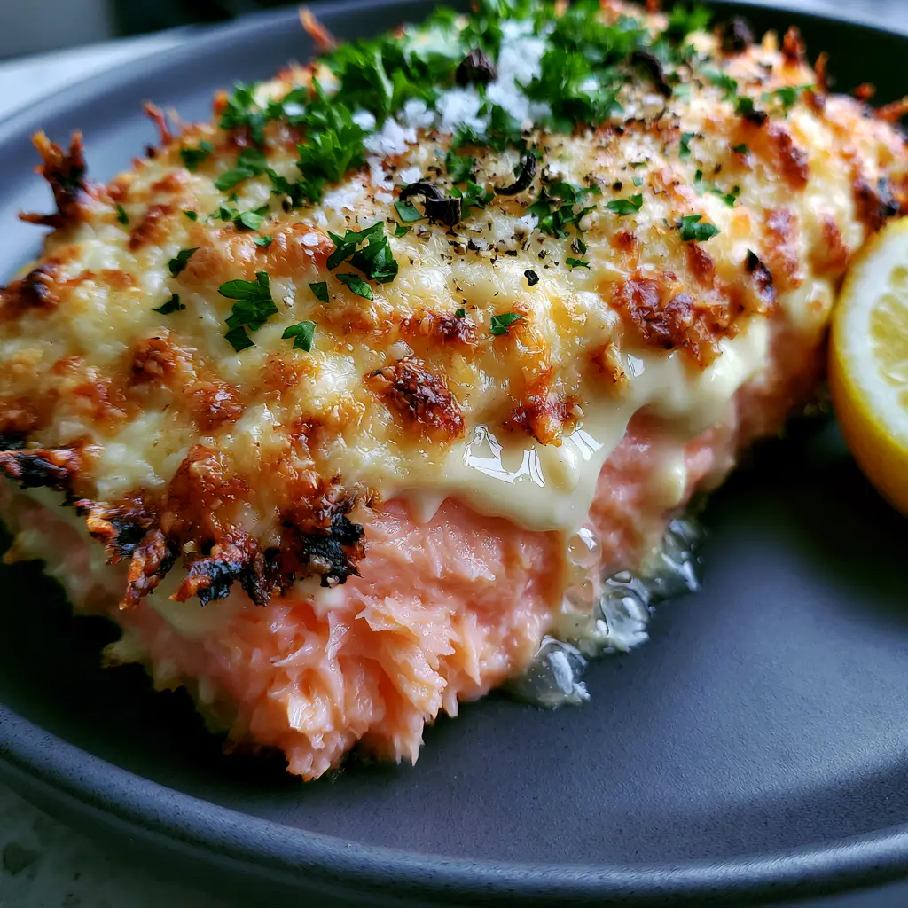 Baked Salmon with Mayo and Cheese: The Ultimate Creamy Garlic Crust 1 Bubbly golden-brown Garlic Parmesan topping on vibrant pink baked salmon with mayo and cheese.