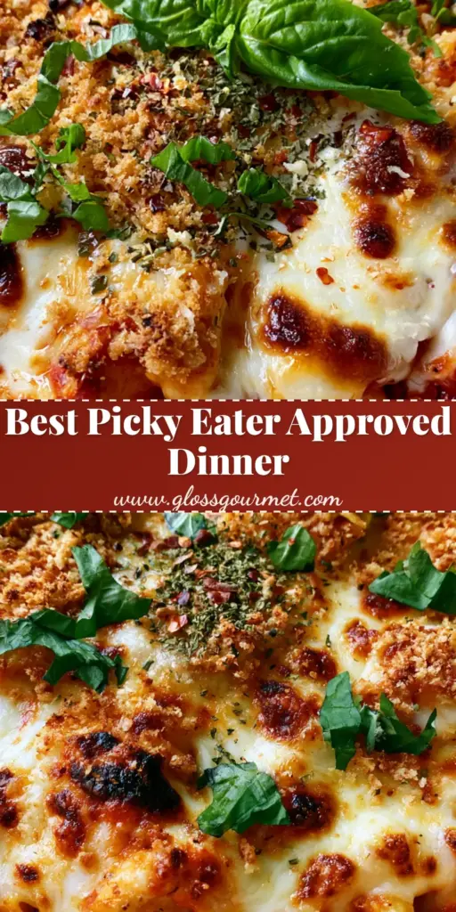 Chicken Parmesan Casserole with Crispy Panko and Molten Mozzarella 4 A top-down view of a Chicken Parmesan Casserole in a white dish with bubbling mozzarella, golden panko, and fresh basil garnish.