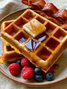 Close up of thick Belgian waffles with glistening maple syrup and fresh berries.