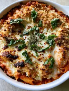 Close-up of molten mozzarella and toasted parmesan with charred spots on a Chicken Parmesan Casserole.
