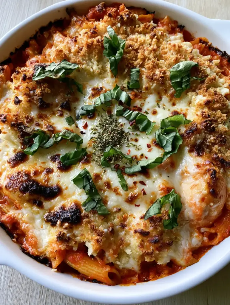 Chicken Parmesan Casserole with Crispy Panko and Molten Mozzarella 2 Close-up of molten mozzarella and toasted parmesan with charred spots on a Chicken Parmesan Casserole.