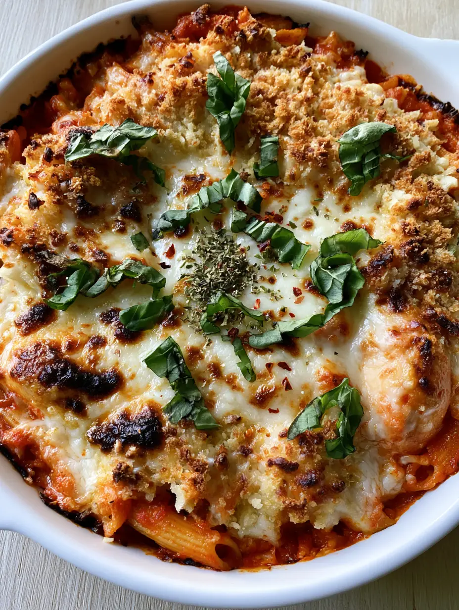 Chicken Parmesan Casserole with Crispy Panko and Molten Mozzarella 3 Close-up of molten mozzarella and toasted parmesan with charred spots on a Chicken Parmesan Casserole.