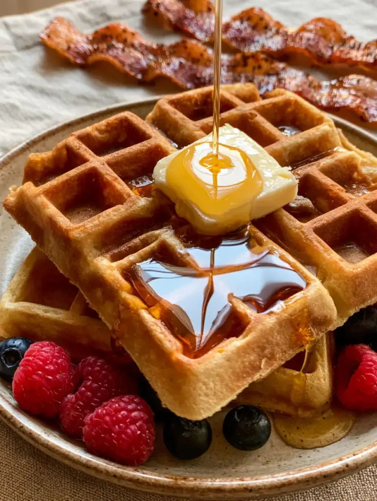 Waffles: The Ultimate Crispy Belgian Recipe with Peppered Bacon 1 Two thick Belgian waffles on a rustic plate with peppered bacon in the background.