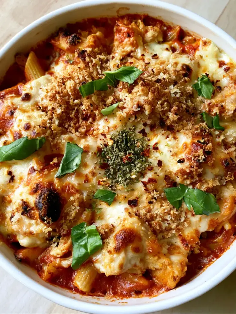 Chicken Parmesan Casserole with Crispy Panko and Molten Mozzarella 1 A top-down smartphone style photo of a chicken parmesan pasta bake with panko and herbs.