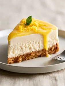 45-degree angle shot of a no-bake lemon cheesecake wedge on a matte white plate with a golden-brown crust.
