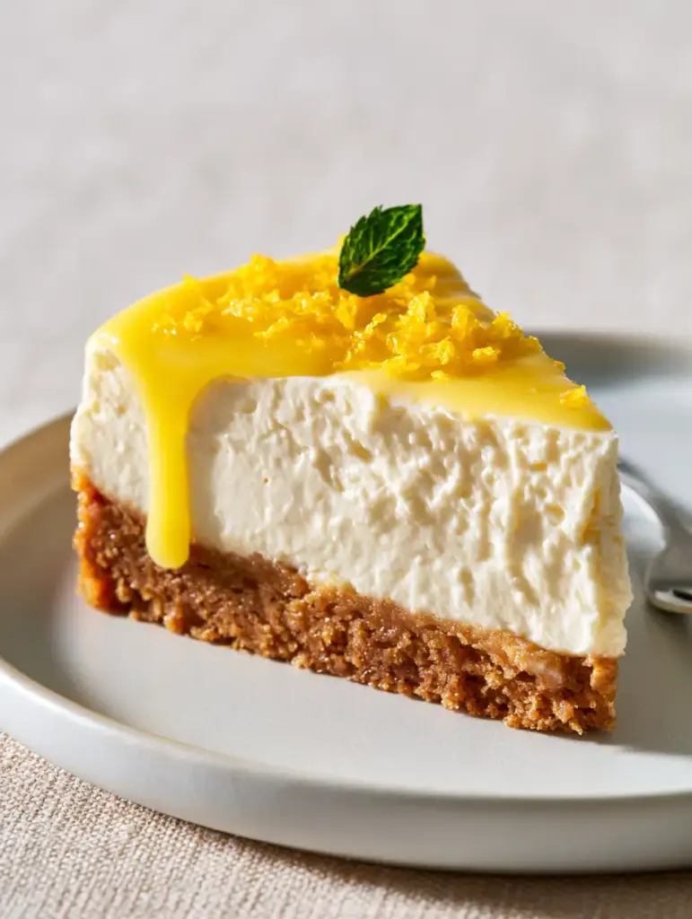 No-Bake Lemon Cheesecake with Glossy Lemon Curd Glaze 1 Top-down view of a glossy lemon curd glazed no-bake lemon cheesecake with lemon zest and mint garnish.