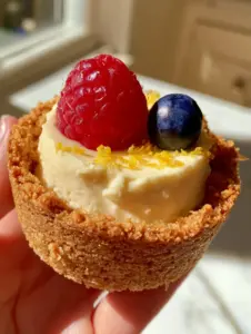 Close-up of a person holding a mini no-bake lemon cheesecake tart showing the textured crust and silky mousse sheen.