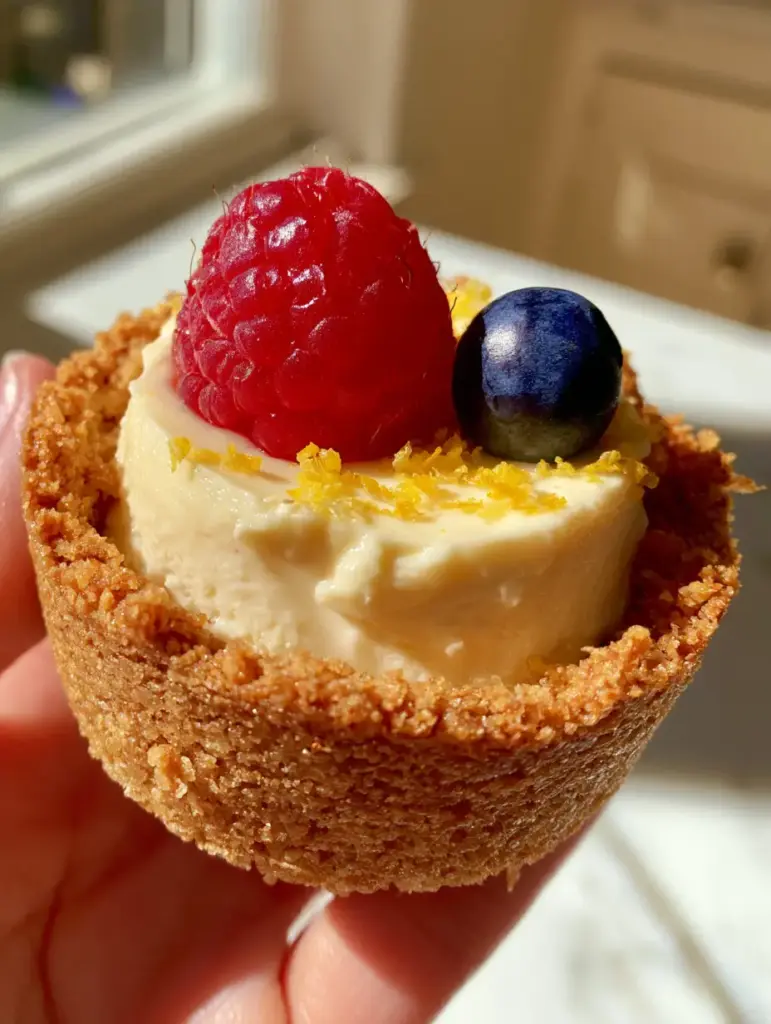 No-Bake Lemon Cheesecake Tarts with Buttery Graham Cracker Crust 2 Close-up of a person holding a mini no-bake lemon cheesecake tart showing the textured crust and silky mousse sheen.